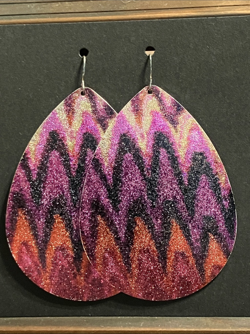 Purple and Orange Chevron Teardrop Earrings - Picture 2 of 2